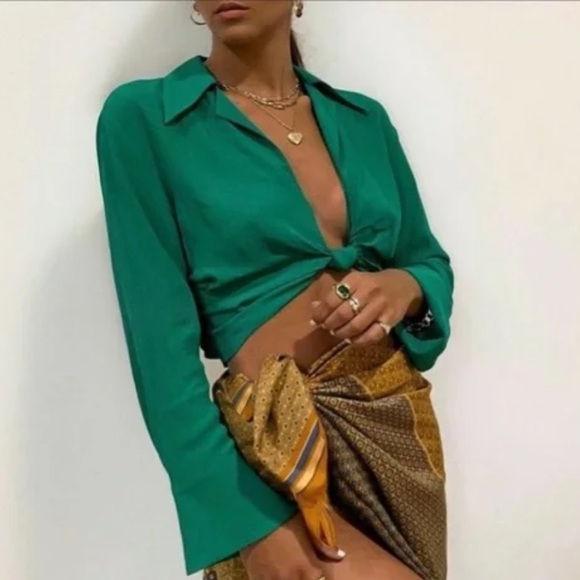 Zara Knotted Long Sleeve Blouse in Emerald Green - Picture 2 of 5